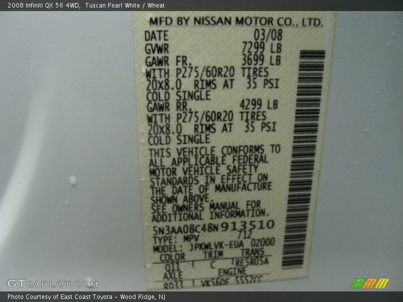 Tuscan Pearl White / Wheat 2008 Infiniti QX 56 4WD