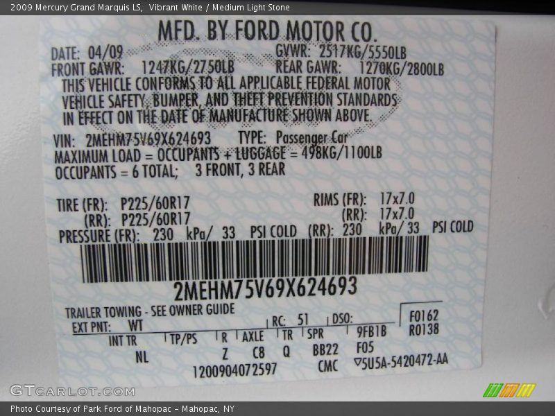 Vibrant White / Medium Light Stone 2009 Mercury Grand Marquis LS