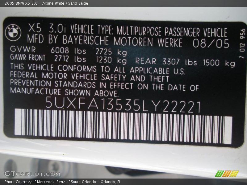 Alpine White / Sand Beige 2005 BMW X5 3.0i