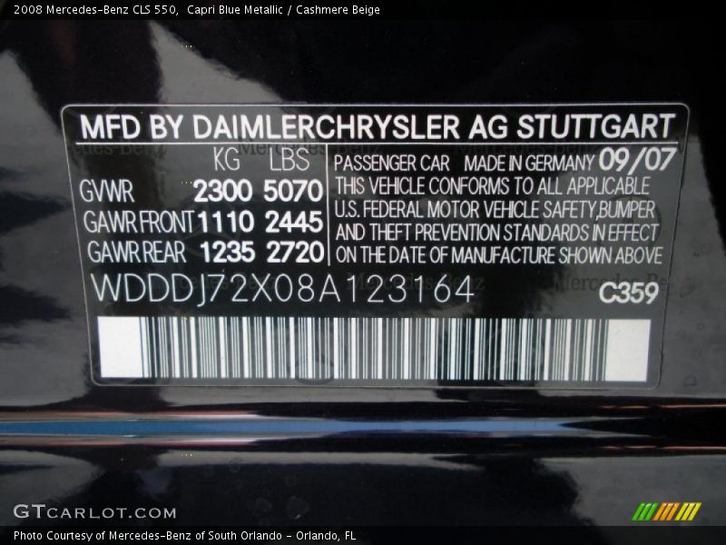 2008 CLS 550 Capri Blue Metallic Color Code 359