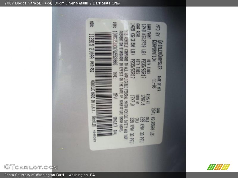 Bright Silver Metallic / Dark Slate Gray 2007 Dodge Nitro SLT 4x4