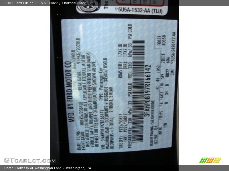 Black / Charcoal Black 2007 Ford Fusion SEL V6