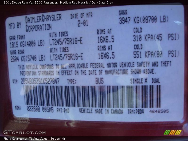Medium Red Metallic / Dark Slate Gray 2001 Dodge Ram Van 3500 Passenger