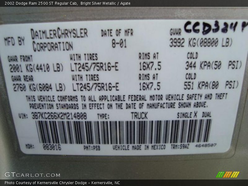 Bright Silver Metallic / Agate 2002 Dodge Ram 2500 ST Regular Cab