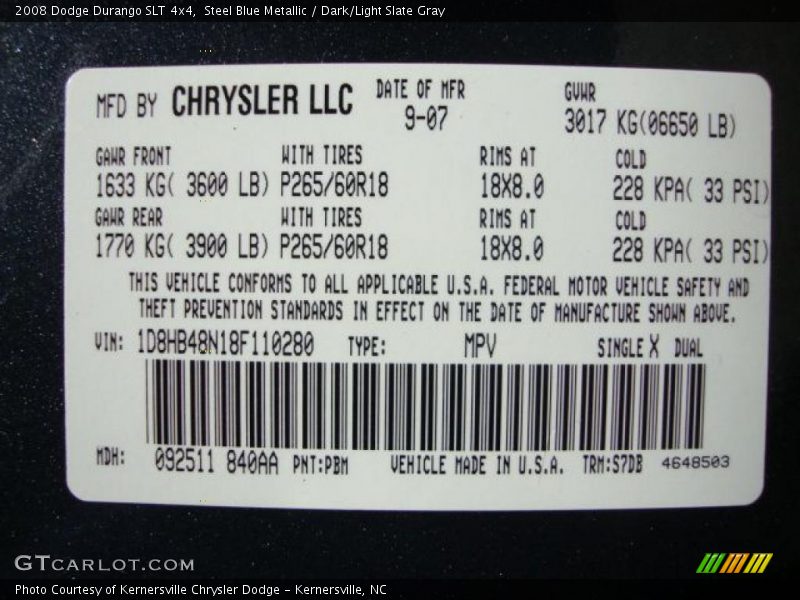 Steel Blue Metallic / Dark/Light Slate Gray 2008 Dodge Durango SLT 4x4