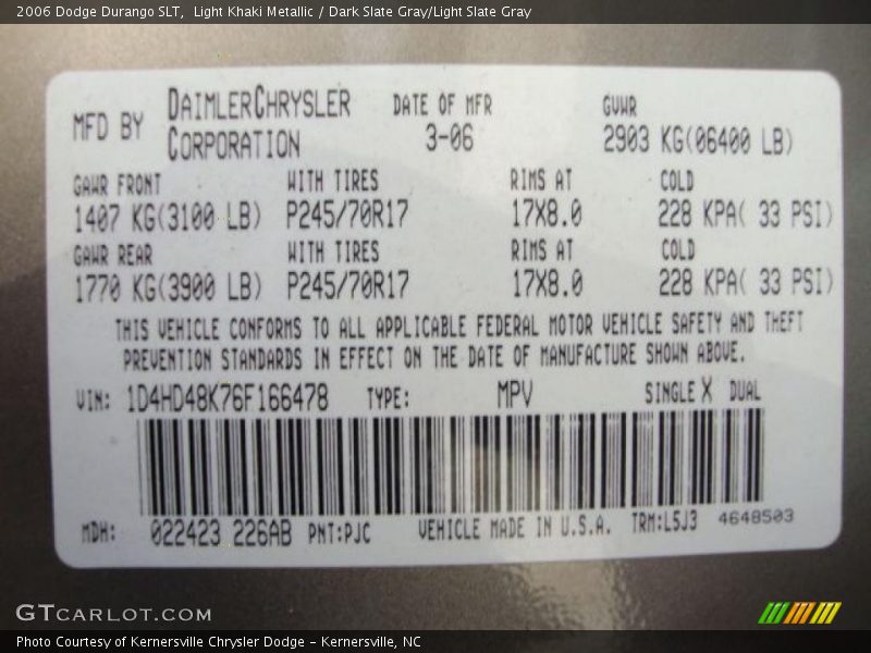 Light Khaki Metallic / Dark Slate Gray/Light Slate Gray 2006 Dodge Durango SLT