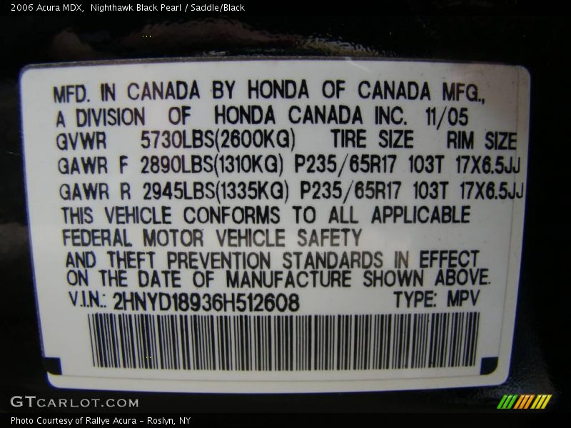 Nighthawk Black Pearl / Saddle/Black 2006 Acura MDX