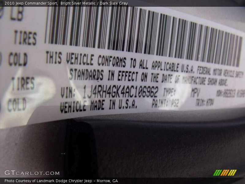 Bright Silver Metallic / Dark Slate Gray 2010 Jeep Commander Sport
