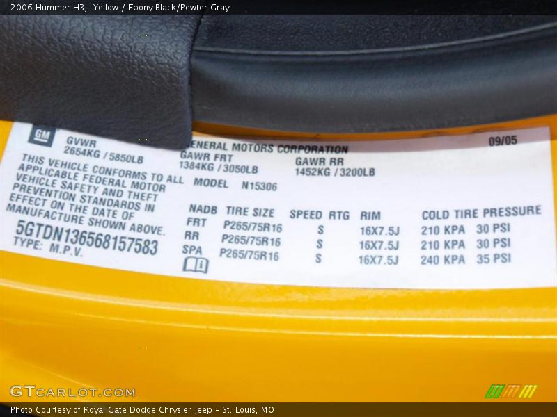 Yellow / Ebony Black/Pewter Gray 2006 Hummer H3