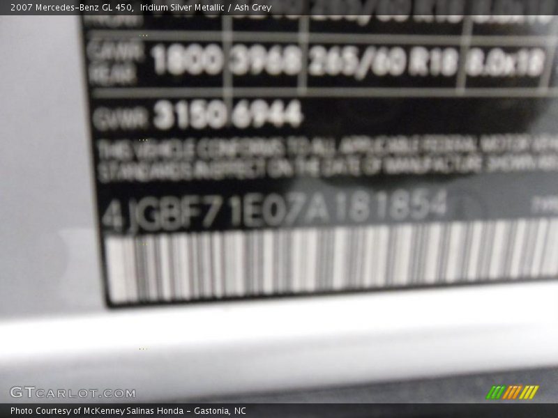 Iridium Silver Metallic / Ash Grey 2007 Mercedes-Benz GL 450