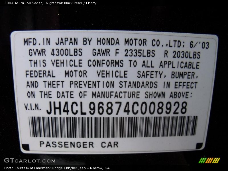 Nighthawk Black Pearl / Ebony 2004 Acura TSX Sedan