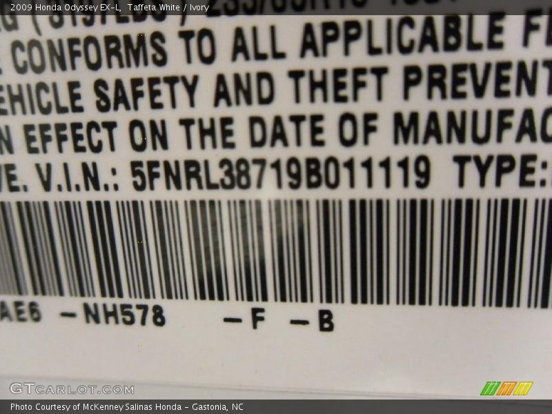 Taffeta White / Ivory 2009 Honda Odyssey EX-L