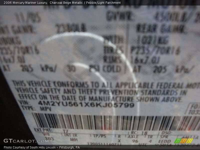 Charcoal Beige Metallic / Pebble/Light Parchment 2006 Mercury Mariner Luxury