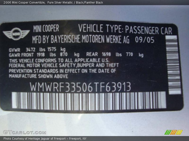 Pure Silver Metallic / Black/Panther Black 2006 Mini Cooper Convertible