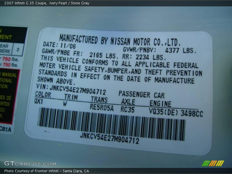 Ivory Pearl / Stone Gray 2007 Infiniti G 35 Coupe