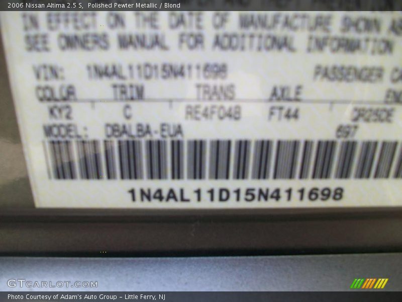 Polished Pewter Metallic / Blond 2006 Nissan Altima 2.5 S