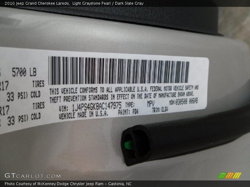 Light Graystone Pearl / Dark Slate Gray 2010 Jeep Grand Cherokee Laredo