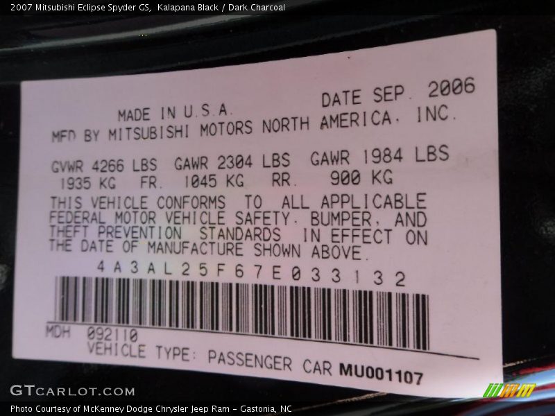 Kalapana Black / Dark Charcoal 2007 Mitsubishi Eclipse Spyder GS