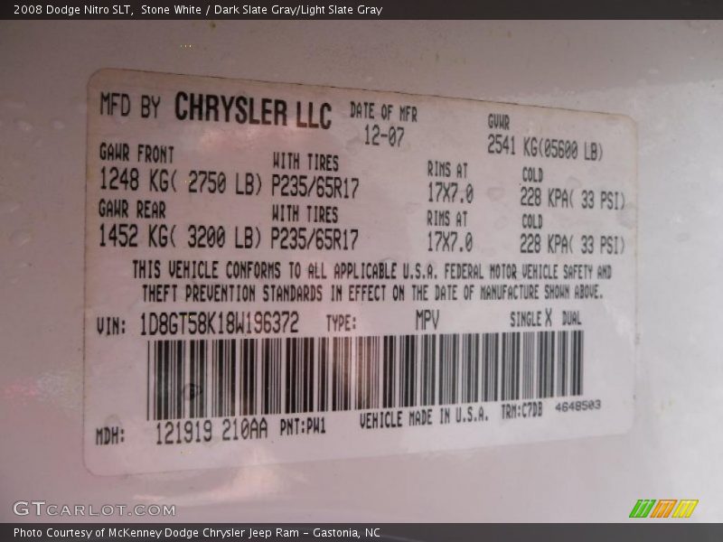 Stone White / Dark Slate Gray/Light Slate Gray 2008 Dodge Nitro SLT