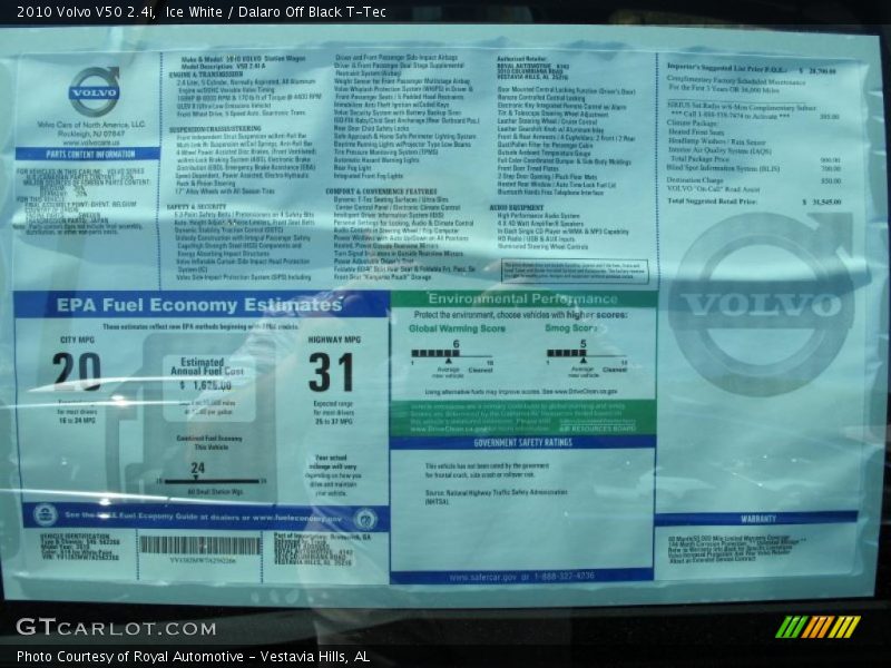 Ice White / Dalaro Off Black T-Tec 2010 Volvo V50 2.4i