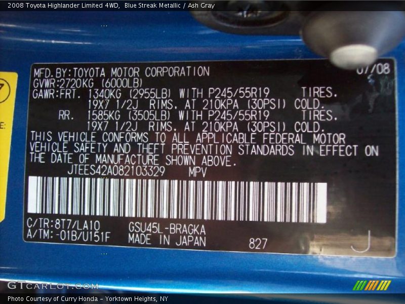 Blue Streak Metallic / Ash Gray 2008 Toyota Highlander Limited 4WD