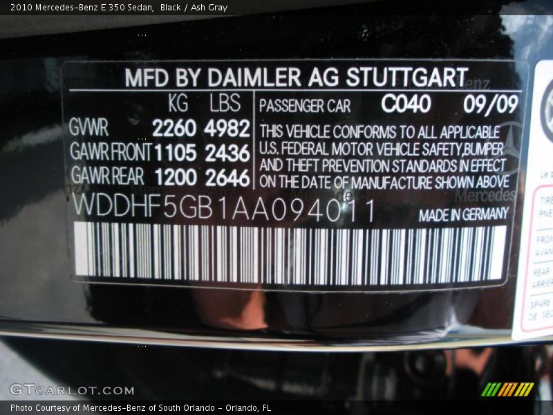 Black / Ash Gray 2010 Mercedes-Benz E 350 Sedan