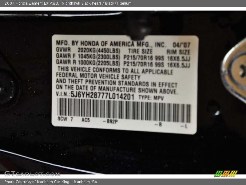 Nighthawk Black Pearl / Black/Titanium 2007 Honda Element EX AWD