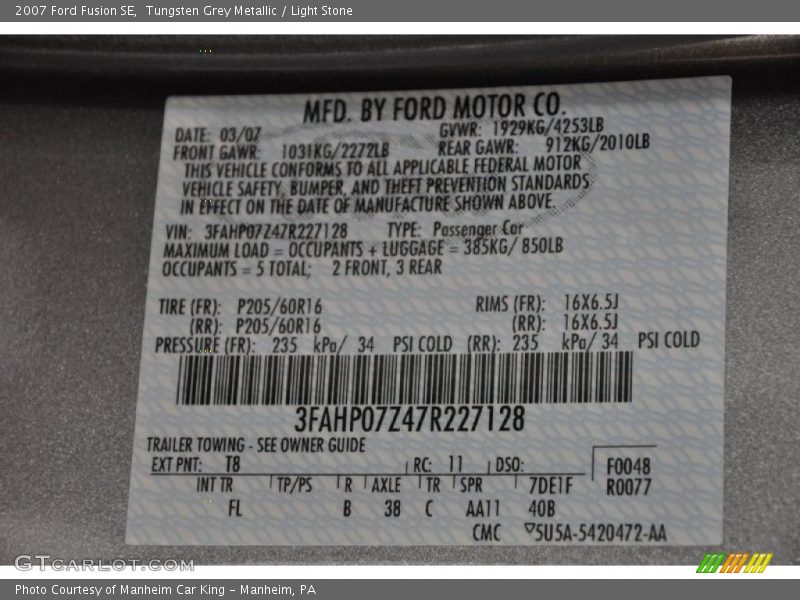 Tungsten Grey Metallic / Light Stone 2007 Ford Fusion SE