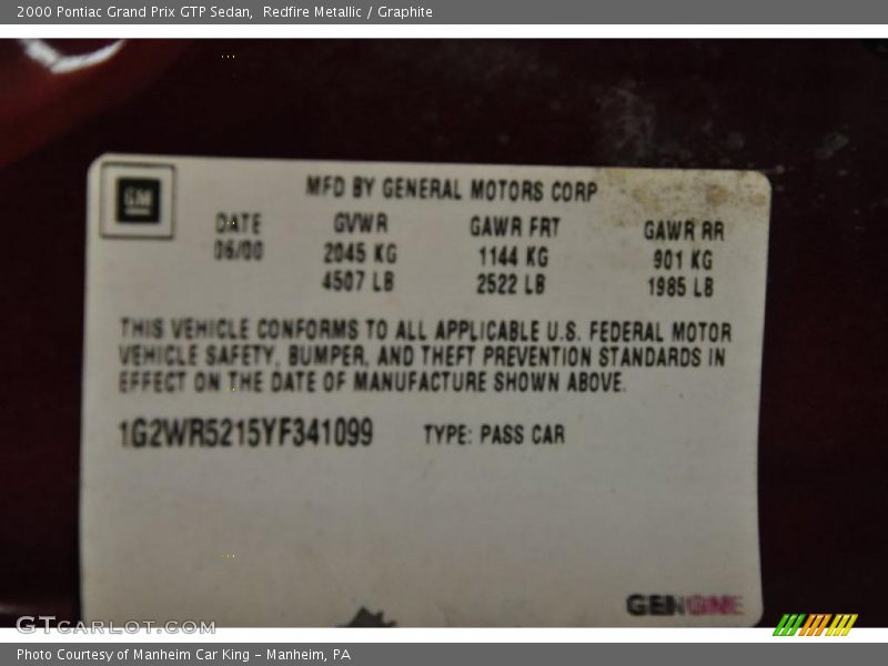 Redfire Metallic / Graphite 2000 Pontiac Grand Prix GTP Sedan