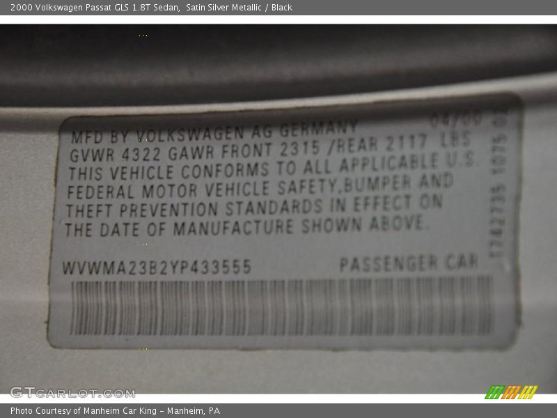 Satin Silver Metallic / Black 2000 Volkswagen Passat GLS 1.8T Sedan