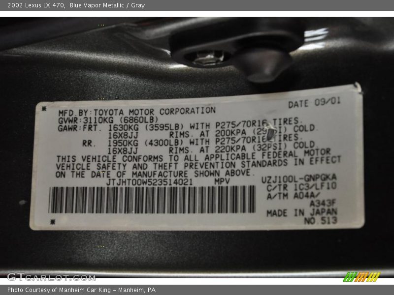 Blue Vapor Metallic / Gray 2002 Lexus LX 470