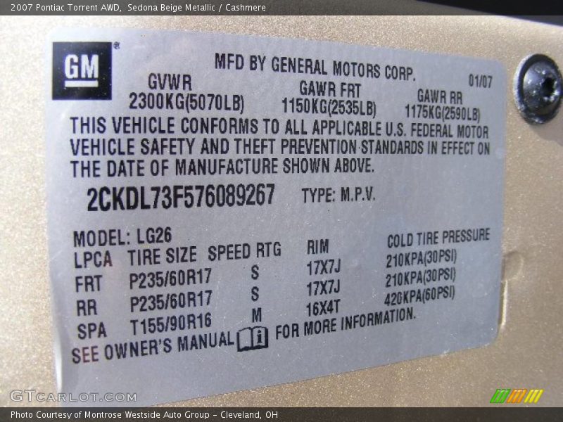 Sedona Beige Metallic / Cashmere 2007 Pontiac Torrent AWD