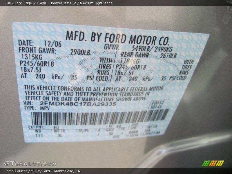 Pewter Metallic / Medium Light Stone 2007 Ford Edge SEL AWD