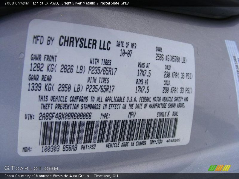 Bright Silver Metallic / Pastel Slate Gray 2008 Chrysler Pacifica LX AWD