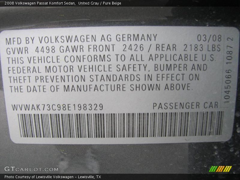 United Gray / Pure Beige 2008 Volkswagen Passat Komfort Sedan