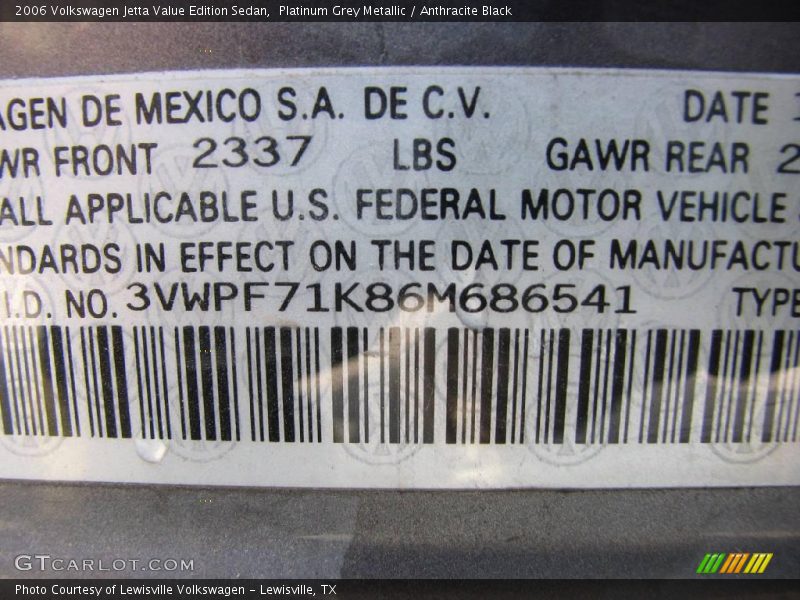 Platinum Grey Metallic / Anthracite Black 2006 Volkswagen Jetta Value Edition Sedan