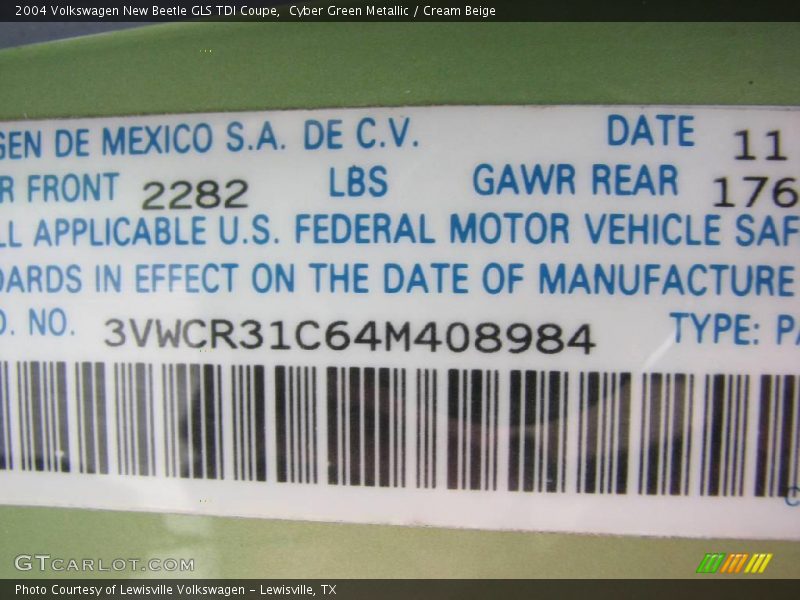Cyber Green Metallic / Cream Beige 2004 Volkswagen New Beetle GLS TDI Coupe