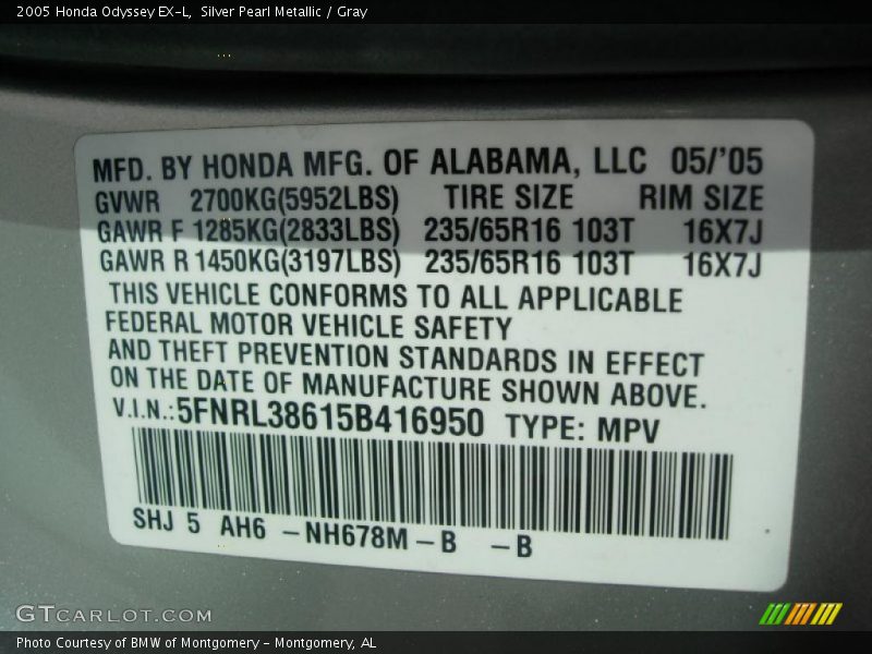 Silver Pearl Metallic / Gray 2005 Honda Odyssey EX-L