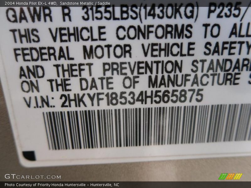 Sandstone Metallic / Saddle 2004 Honda Pilot EX-L 4WD