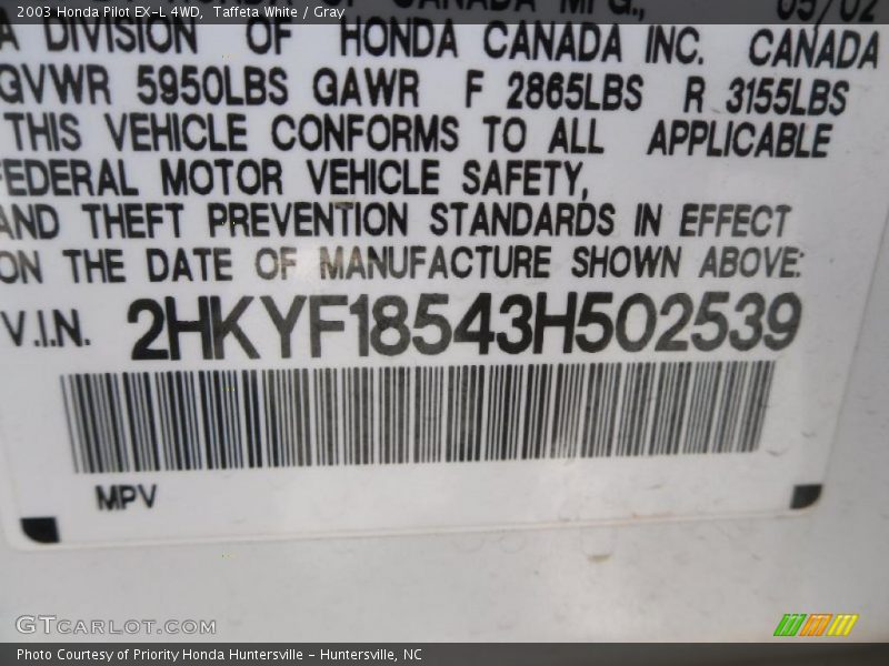 Taffeta White / Gray 2003 Honda Pilot EX-L 4WD