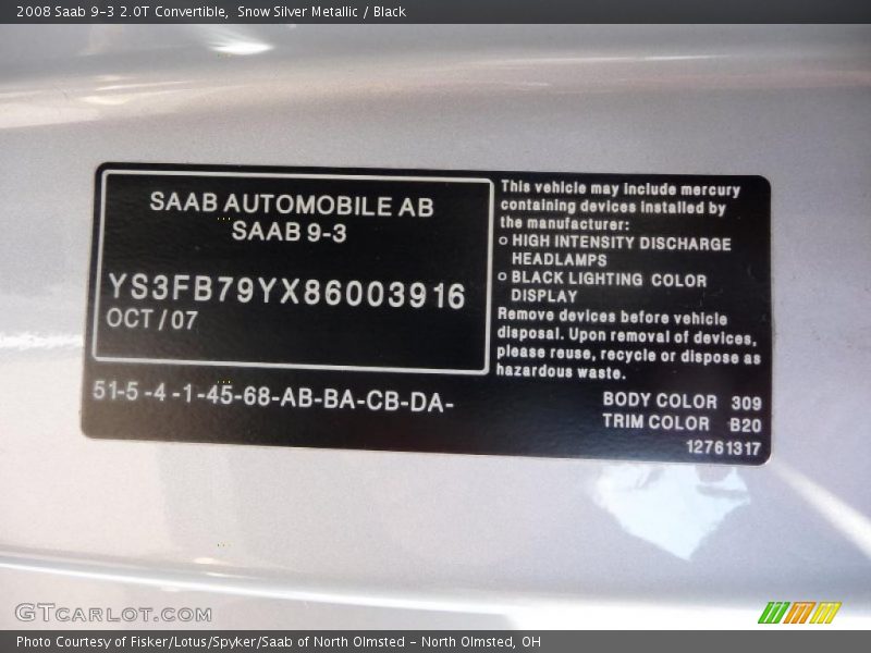 Snow Silver Metallic / Black 2008 Saab 9-3 2.0T Convertible