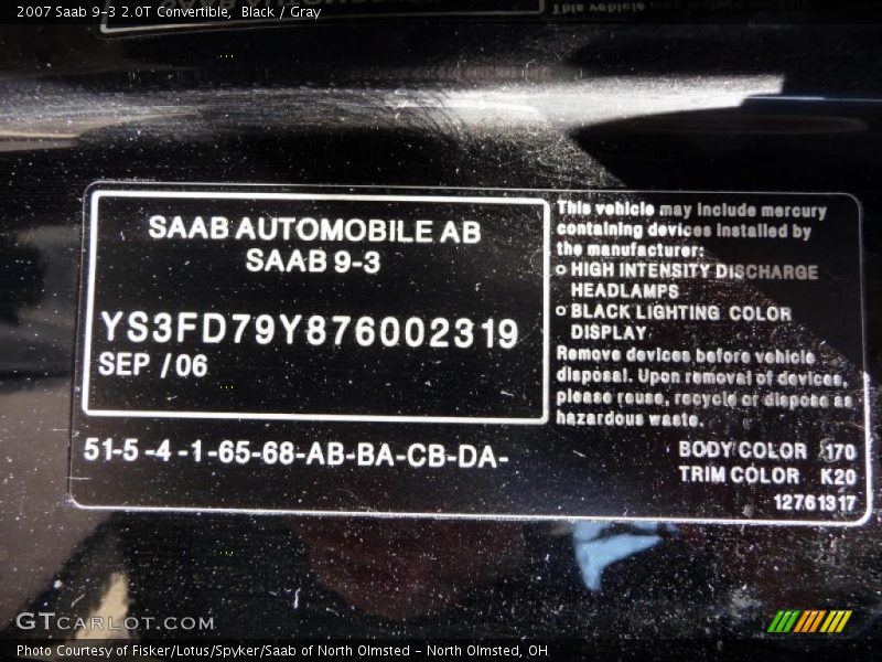 Black / Gray 2007 Saab 9-3 2.0T Convertible