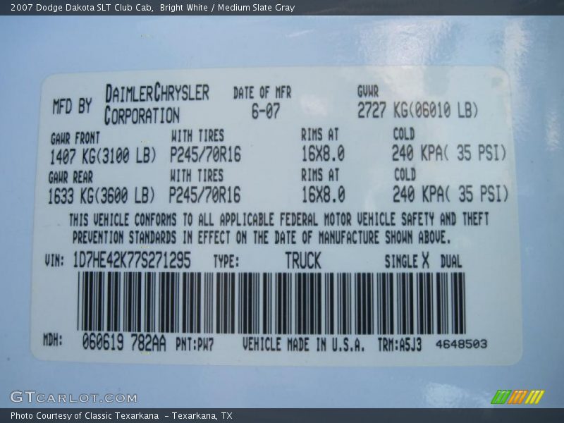 Bright White / Medium Slate Gray 2007 Dodge Dakota SLT Club Cab