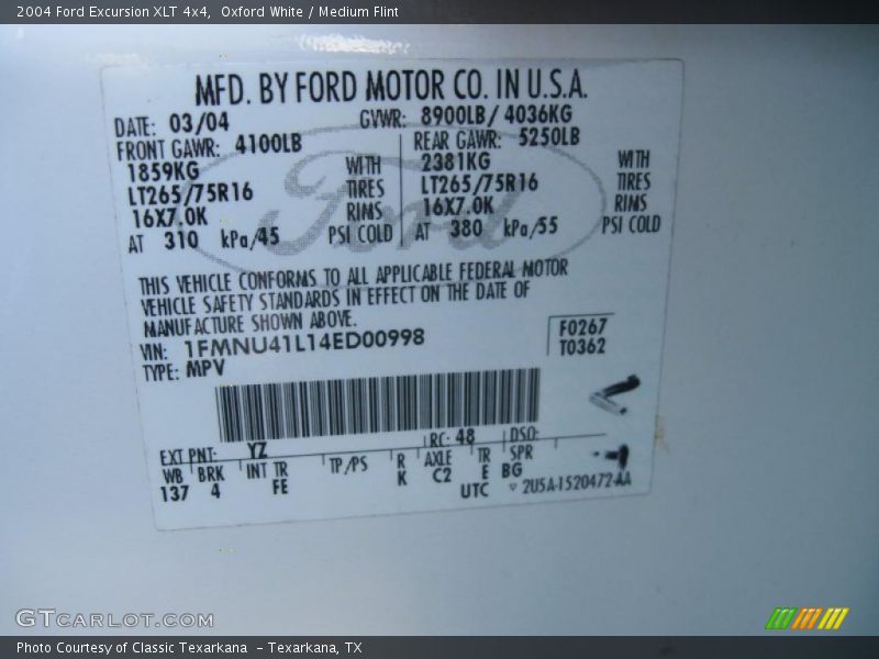 Oxford White / Medium Flint 2004 Ford Excursion XLT 4x4