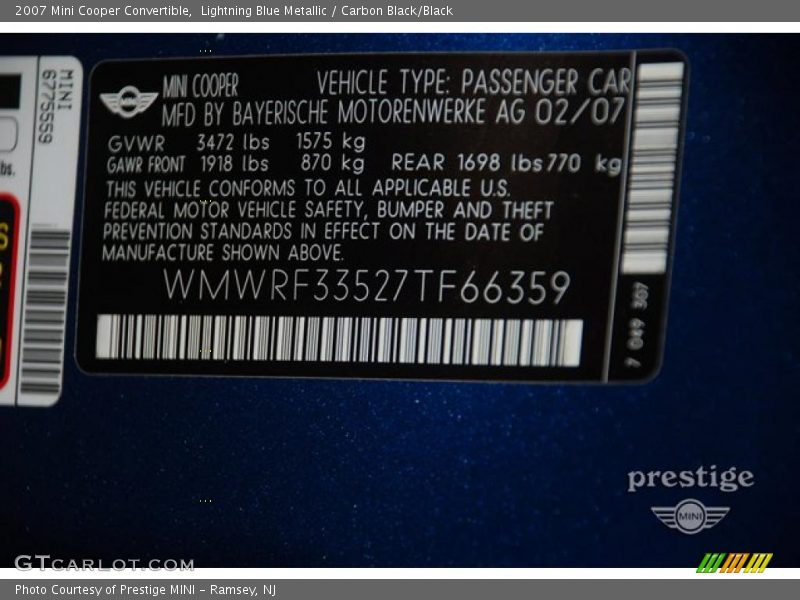 Lightning Blue Metallic / Carbon Black/Black 2007 Mini Cooper Convertible