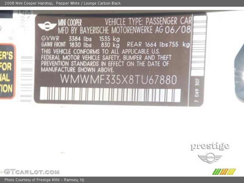 Pepper White / Lounge Carbon Black 2008 Mini Cooper Hardtop