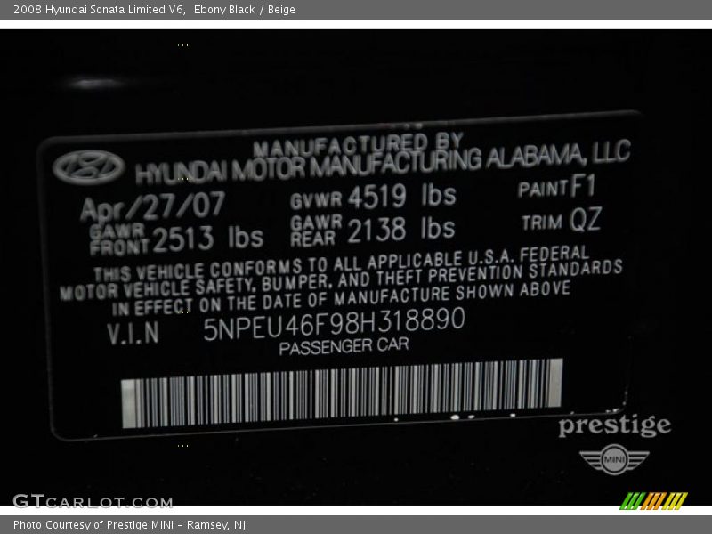 Ebony Black / Beige 2008 Hyundai Sonata Limited V6