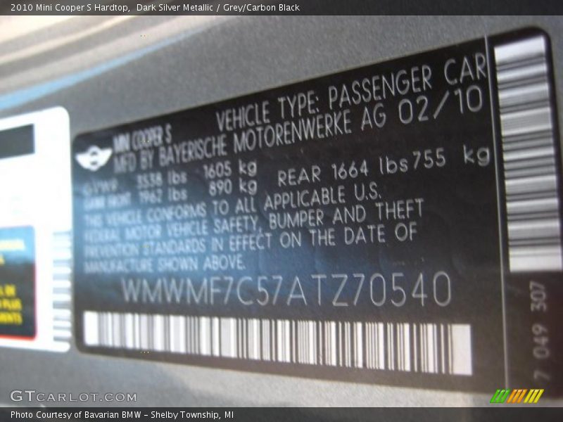 Dark Silver Metallic / Grey/Carbon Black 2010 Mini Cooper S Hardtop