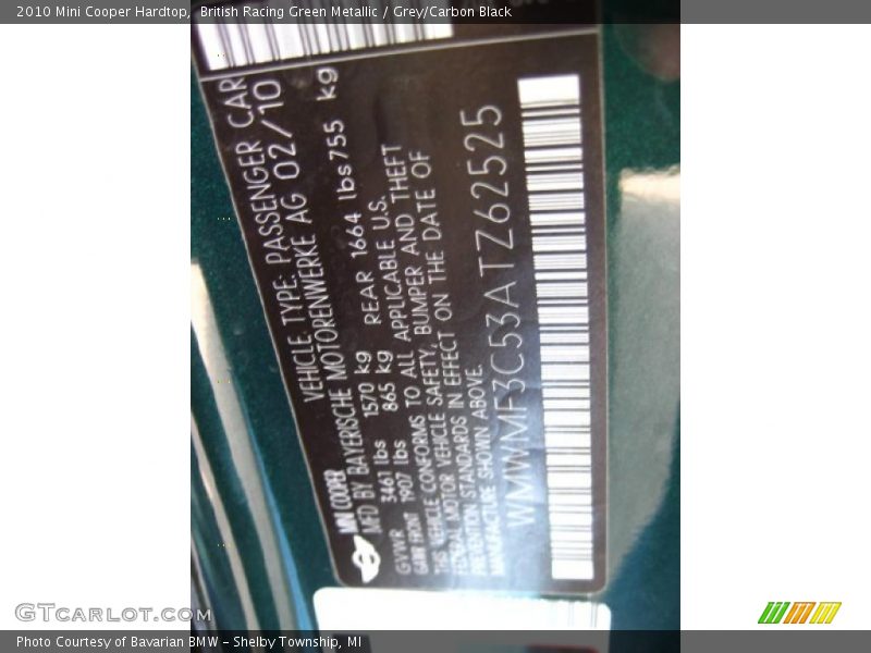 British Racing Green Metallic / Grey/Carbon Black 2010 Mini Cooper Hardtop