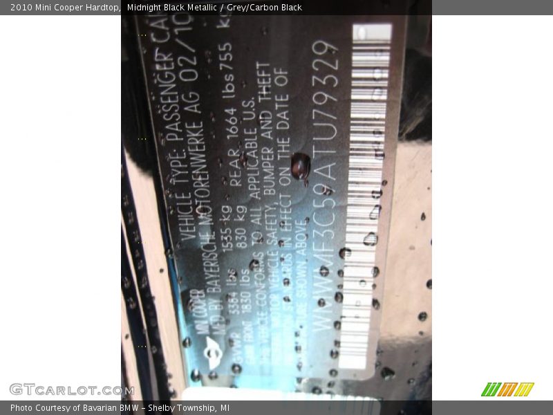 Midnight Black Metallic / Grey/Carbon Black 2010 Mini Cooper Hardtop